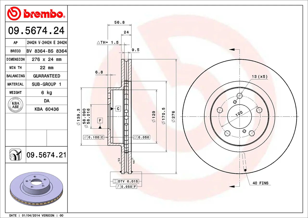 Brembo 13-15 Subaru BRZ/2000 Outback Front Premium UV Coated OE Equivalent Rotor