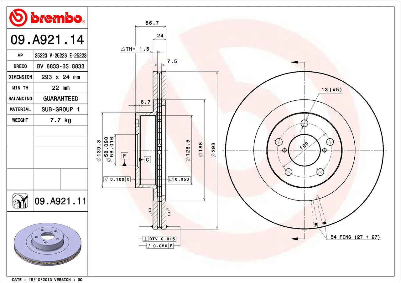 Brembo 13-16 Scion FR-S/04-06 Subaru Baja/13-18 BRZ Front Premium UV Coated OE Equivalent Rotor