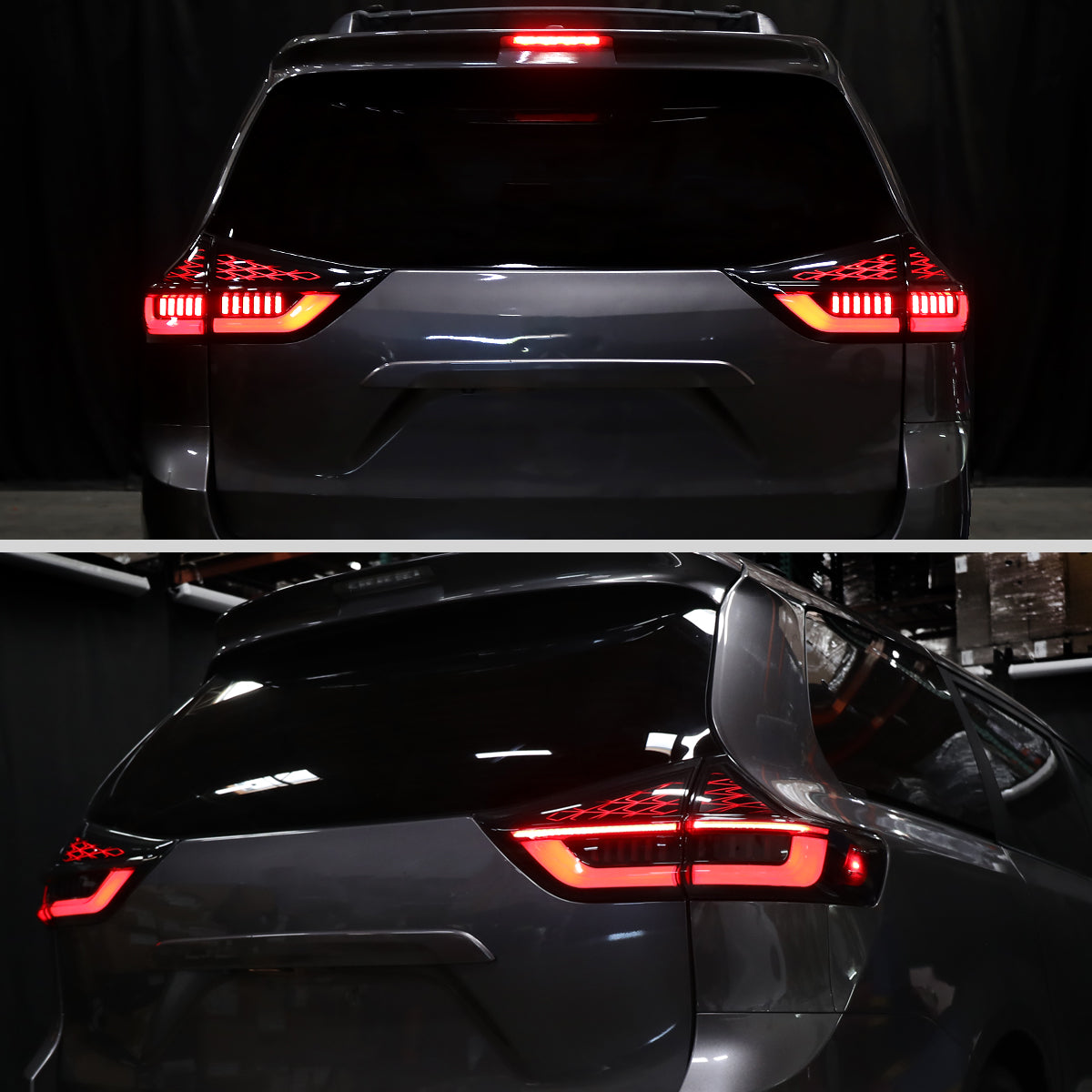 2015-2020 Toyota Sienna Full LED Tail Lights w/ Sequential Turn Signal and Startup Animation Red Lens Fiber Optic LED (Black Housing / Smoked Lens)