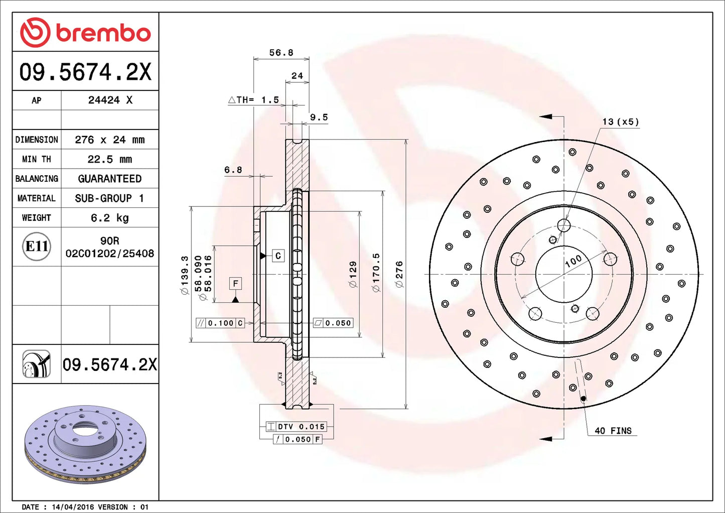Brembo 05-06 Saab 9-2X/13-15 BRZ/98-02 Forester Front Premium Xtra Cross Drilled UV Coated Rotor