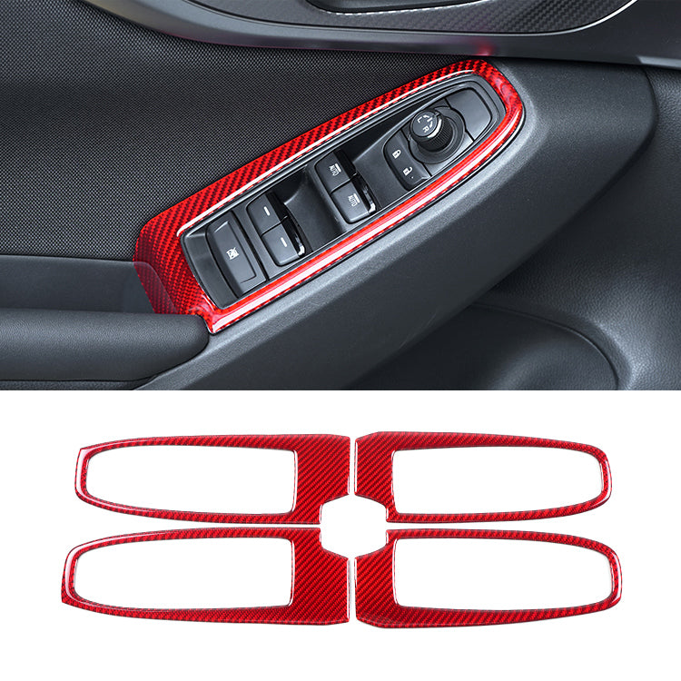 JDMuscle 22-25 WRX P&S Series Carbon Fiber Window Switch Trim Covers 4 PC | Black Carbon Fiber/ Red Carbon Fiber
