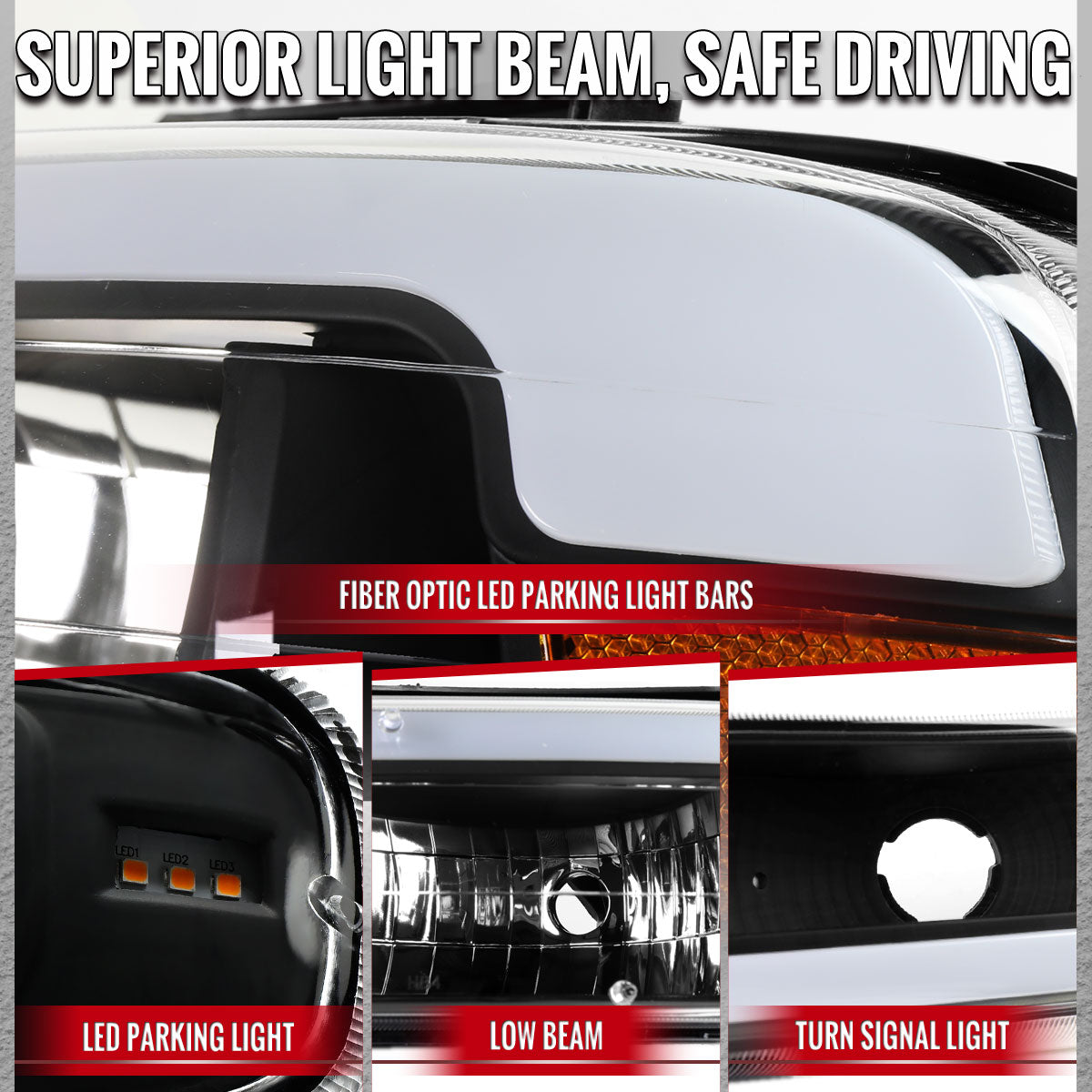 1999-2002 Chevrolet Silverado / 2000-2006 Tahoe / Suburban LED Bar Factory Style Headlights w/ Bumper Light Assembly (Matte Black Housing / Clear Lens)