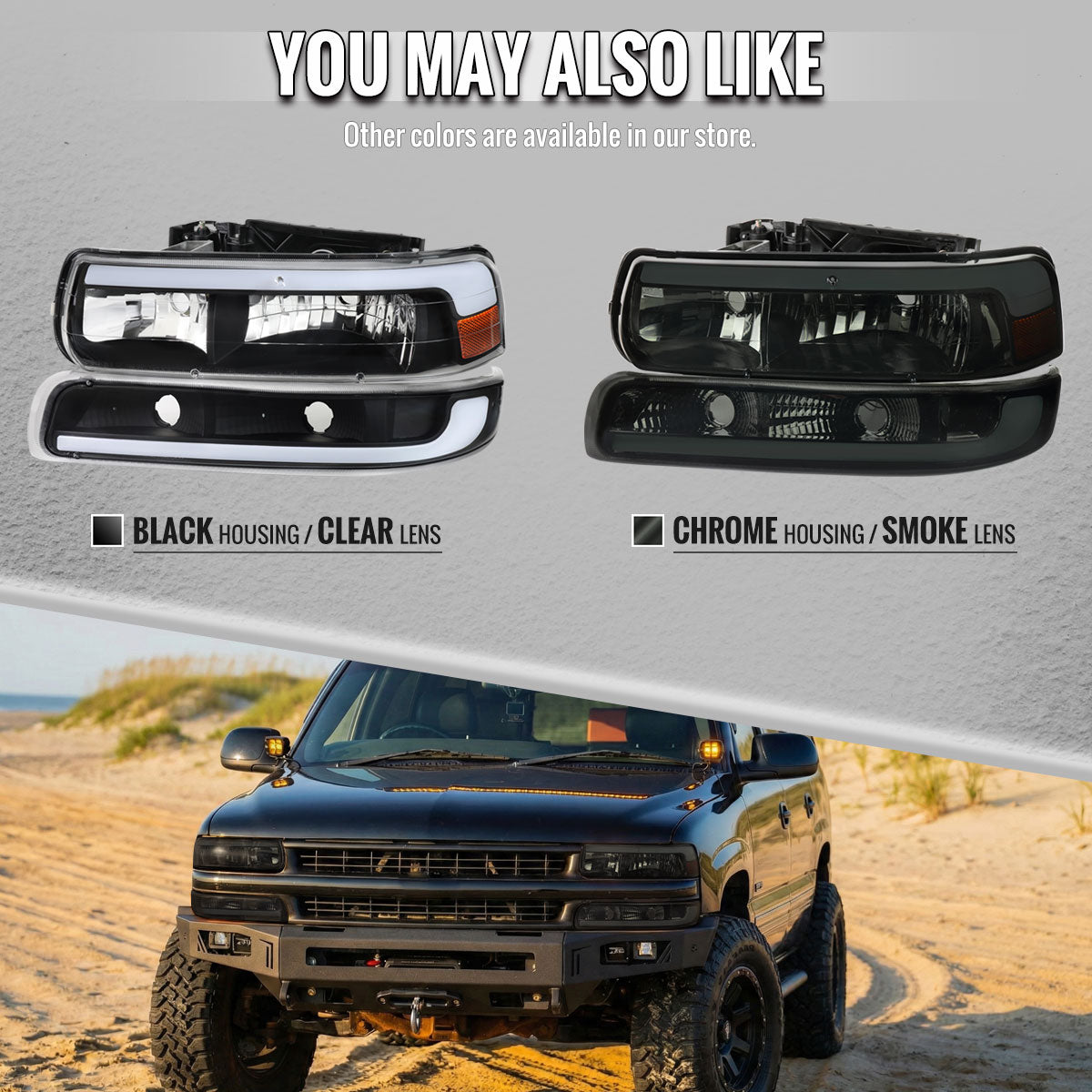 1999-2002 Chevrolet Silverado / 2000-2006 Tahoe / Suburban LED Bar Factory Style Headlights w/ Bumper Light Assembly (Matte Black Housing / Clear Lens)
