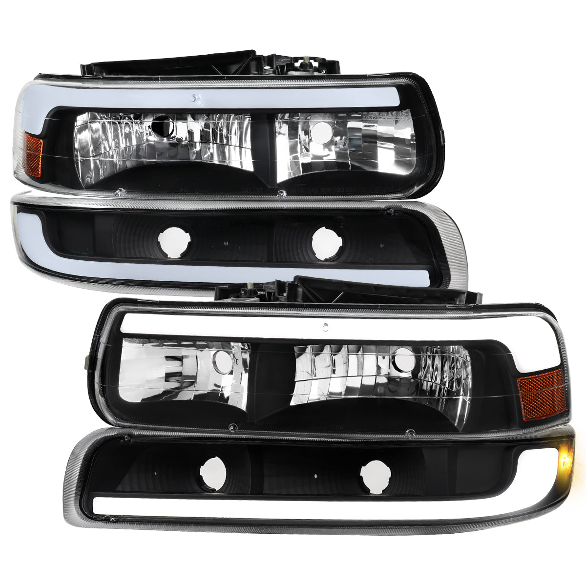 1999-2002 Chevrolet Silverado / 2000-2006 Tahoe / Suburban LED Bar Factory Style Headlights w/ Bumper Light Assembly (Matte Black Housing / Clear Lens)