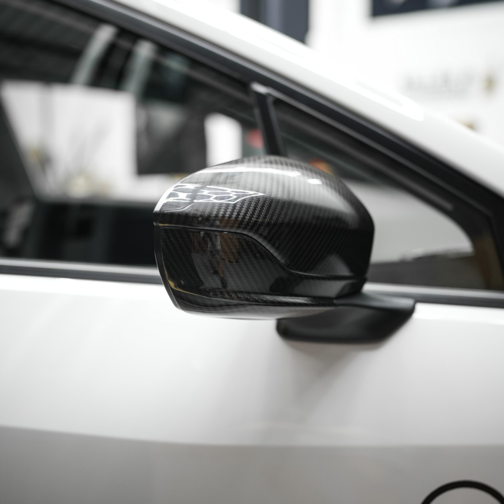JDMuscle 22-25 WRX Tanso Dry Carbon Fiber Side Mirror Lower Trim Covers w/ Gloss Finish