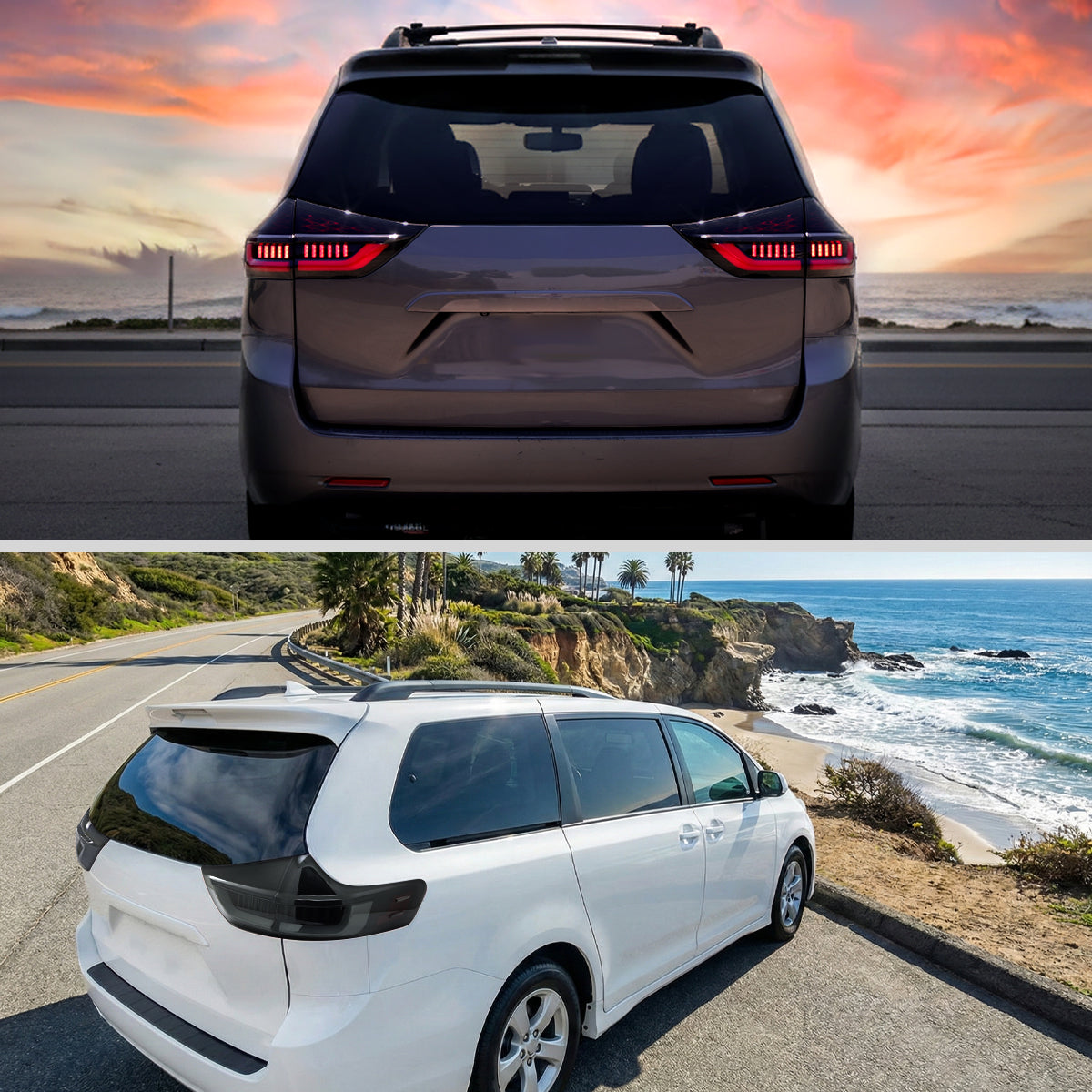 2011-2014 Toyota Sienna Full LED Tail Lights w/ Sequential Turn Signal and Startup Animation (Black Housing / Smoked Lens)