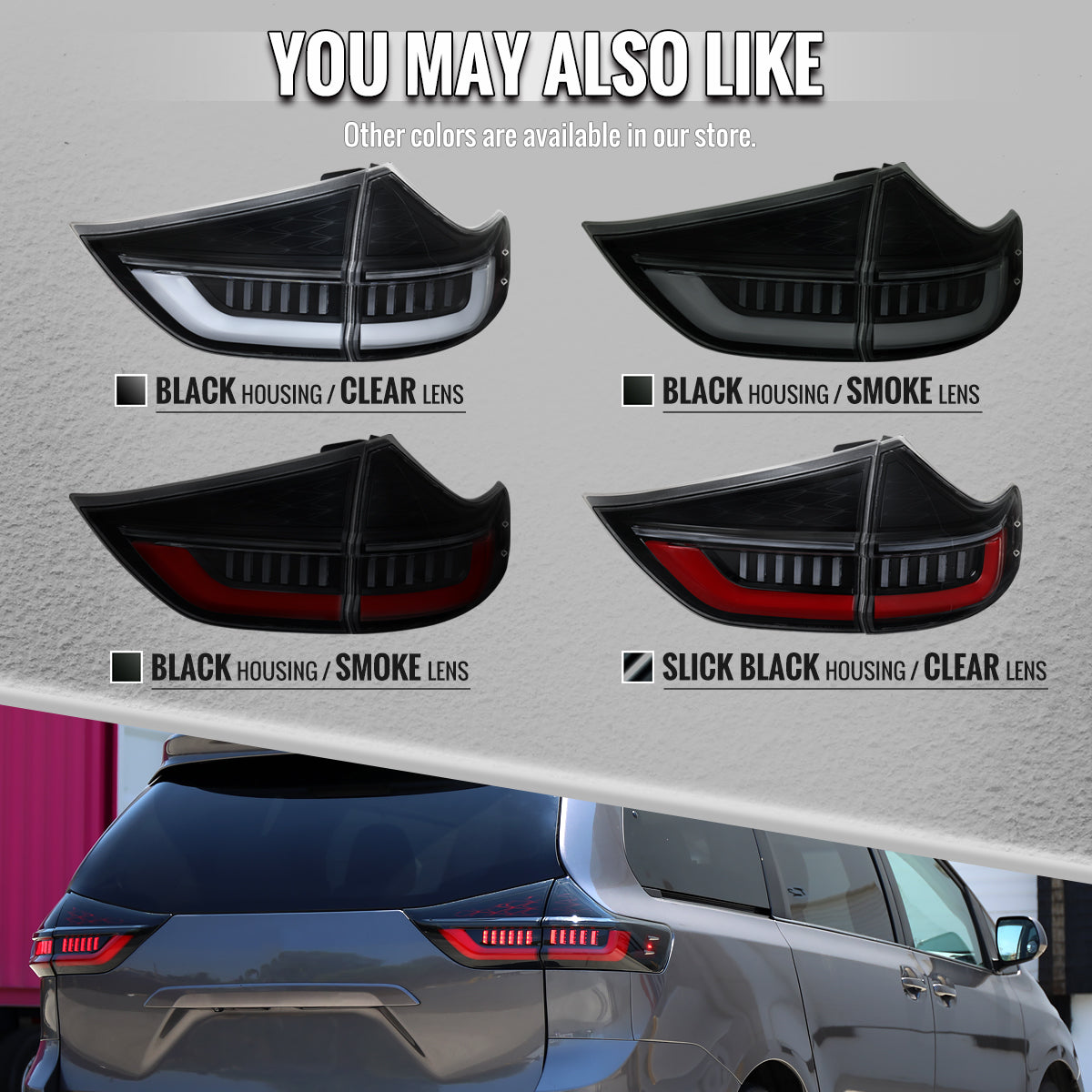 2011-2014 Toyota Sienna Full LED Tail Lights w/ Sequential Turn Signal and Startup Animation Red Lens Fiber Optic LED (Jet Black Housing / Clear Lens)