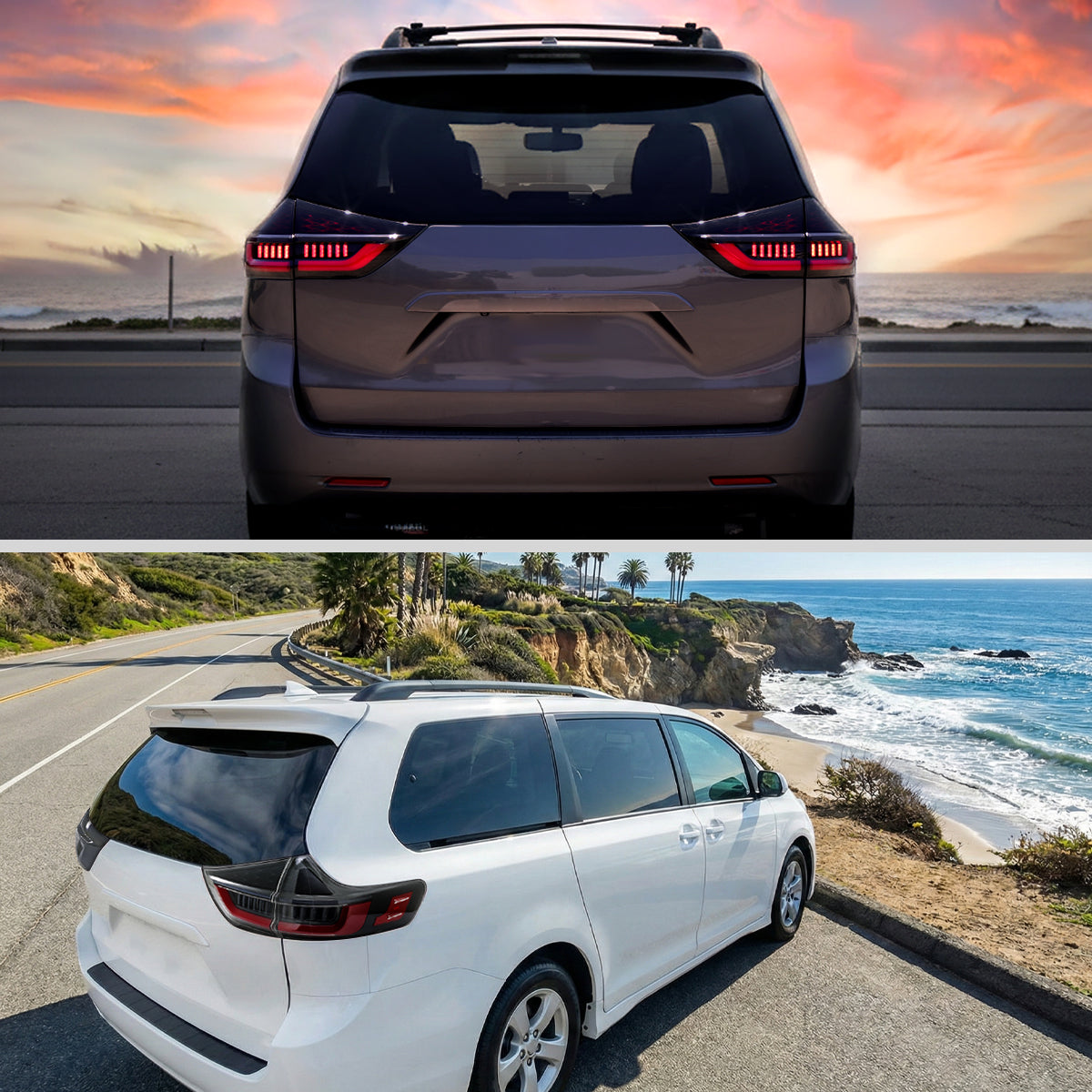 2011-2014 Toyota Sienna Full LED Tail Lights w/ Sequential Turn Signal and Startup Animation Red Lens Fiber Optic LED (Jet Black Housing / Clear Lens)