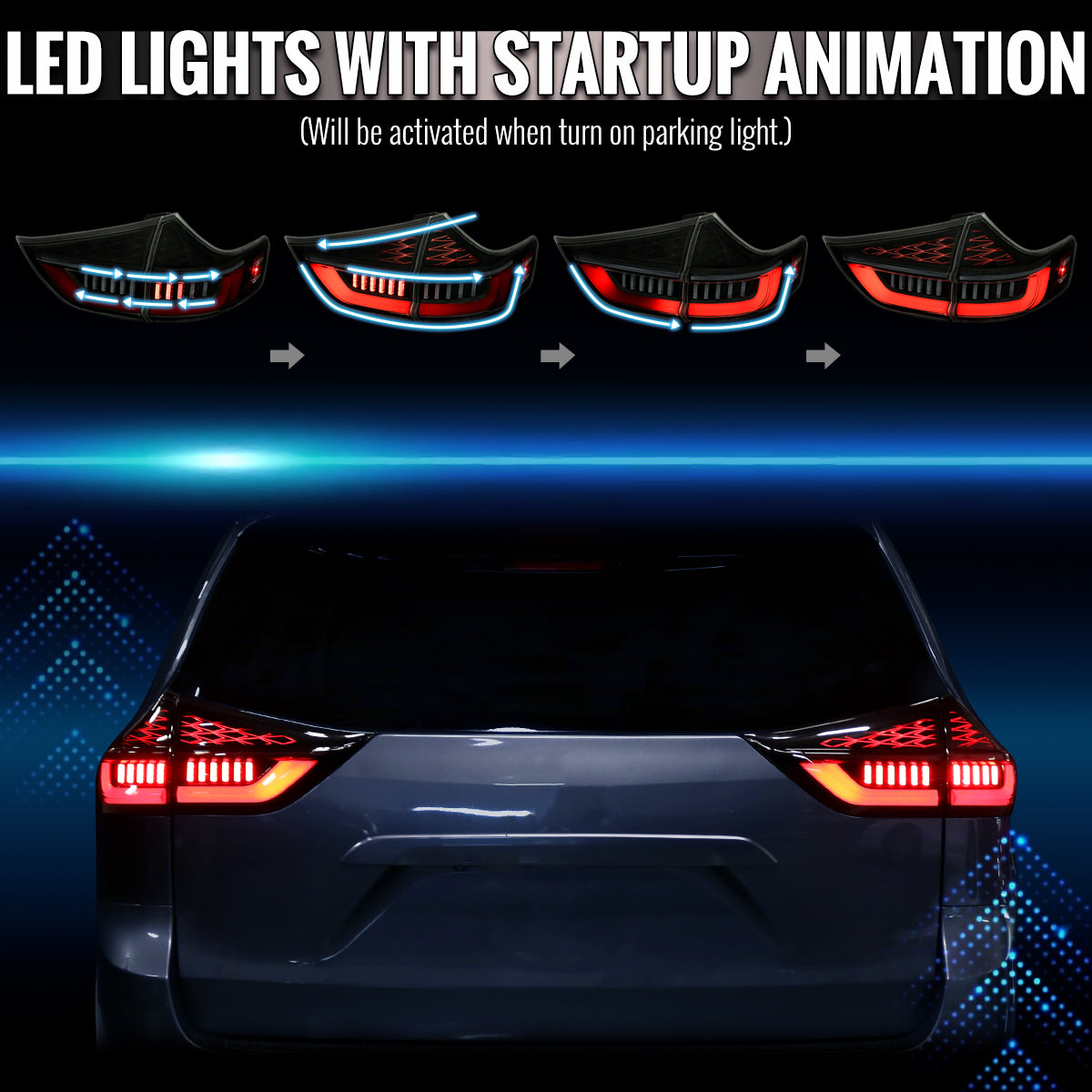 2011-2014 Toyota Sienna Full LED Tail Lights w/ Sequential Turn Signal and Startup Animation Red Lens Fiber Optic LED (Black Housing / Smoked Lens)