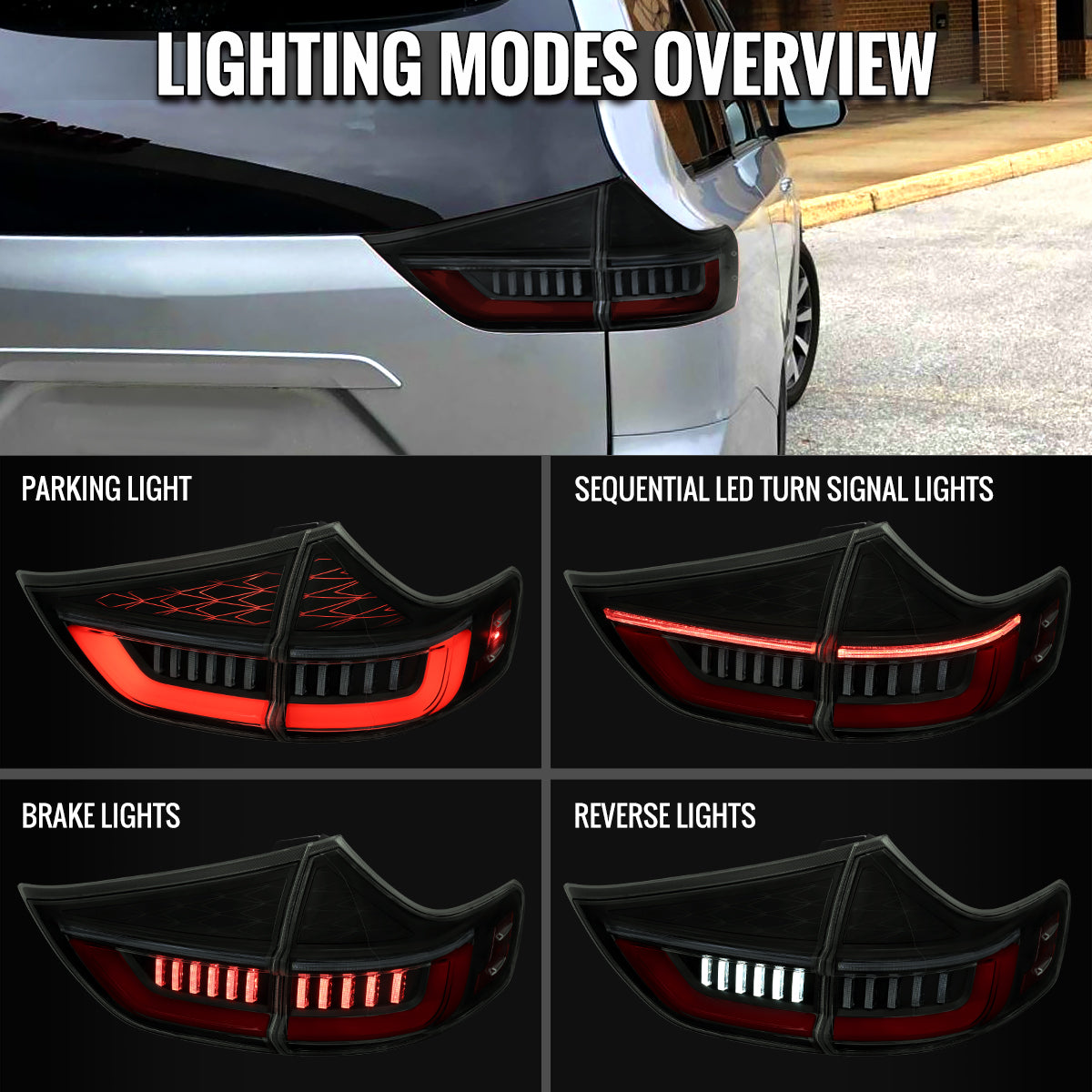 2011-2014 Toyota Sienna Full LED Tail Lights w/ Sequential Turn Signal and Startup Animation Red Lens Fiber Optic LED (Black Housing / Smoked Lens)