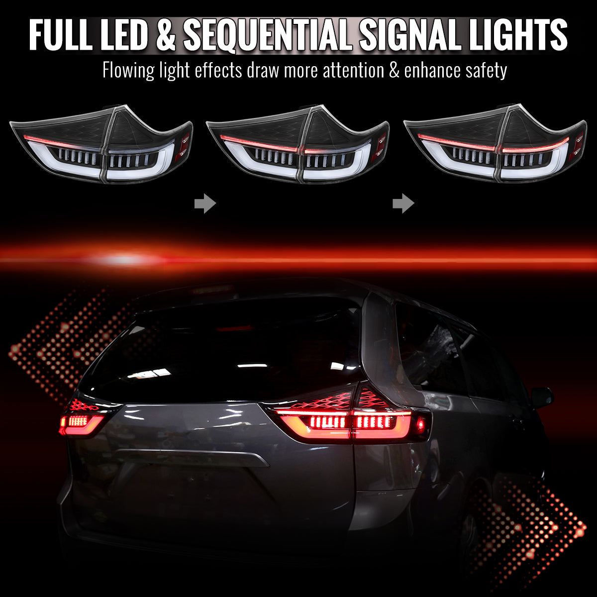 2015-2020 Toyota Sienna Full LED Tail Lights w/ Sequential Turn Signal and Startup Animation (Black Housing / Clear Lens)