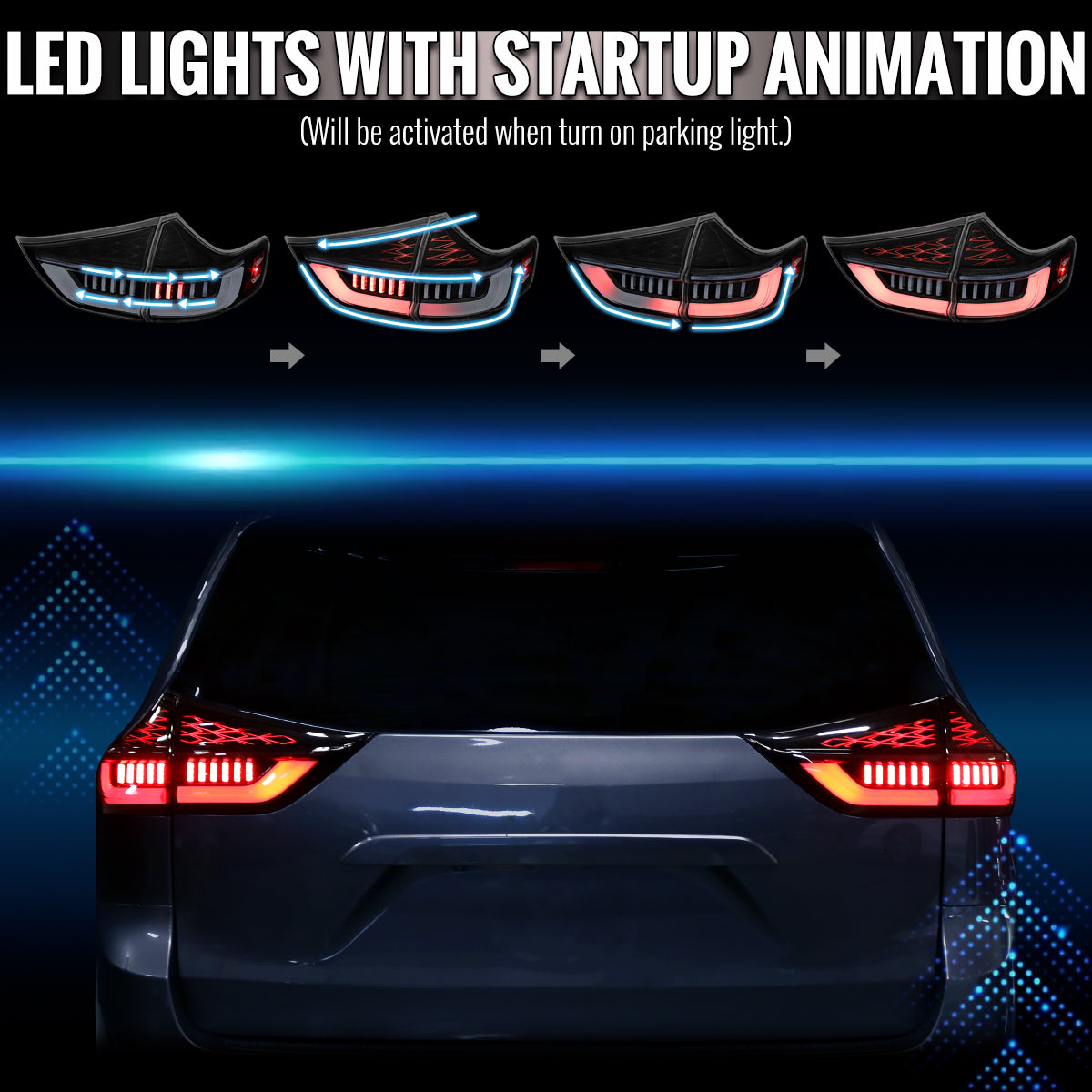 2015-2020 Toyota Sienna Full LED Tail Lights w/ Sequential Turn Signal and Startup Animation (Black Housing / Clear Lens)