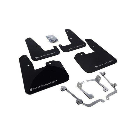 Rally Armor UR Black Mud Flaps w/ Silver Logo V.2 Subaru STI 08-14 Hatchback / WRX 11-14 Hatchback | MF15-UR-BLK/SIL