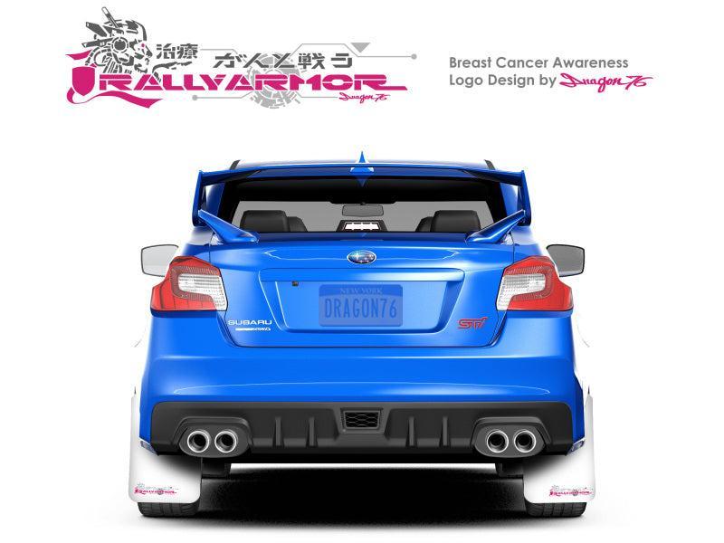 Rally Armor UR White Mud Flaps w/ Pink Logo Subaru STI 08-14 Hatchback / WRX 11-14 Hatchback | MF15-UR-WH/BCPK