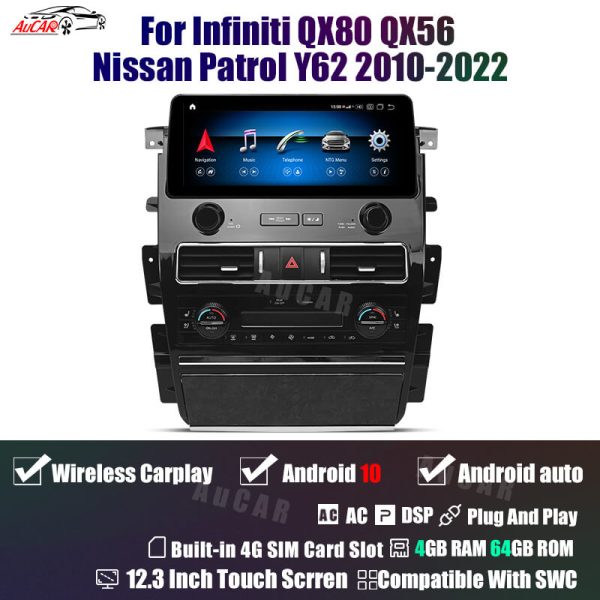 AuCar Android 10 12.3″ Car Radio GPS Navigation For Infiniti QX80/QX56 / Nissan Patrol Y62 2010-2022 Car Multimedia Stereo Player Car Video