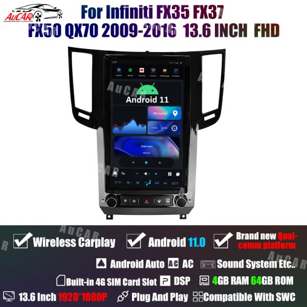 AuCar Tesla Android 11 13.6″ Car Radio GPS Navigation For Infiniti FX35 FX37 FX50 QX70 2009-2016 Car Multimedia Stereo Player Car Video