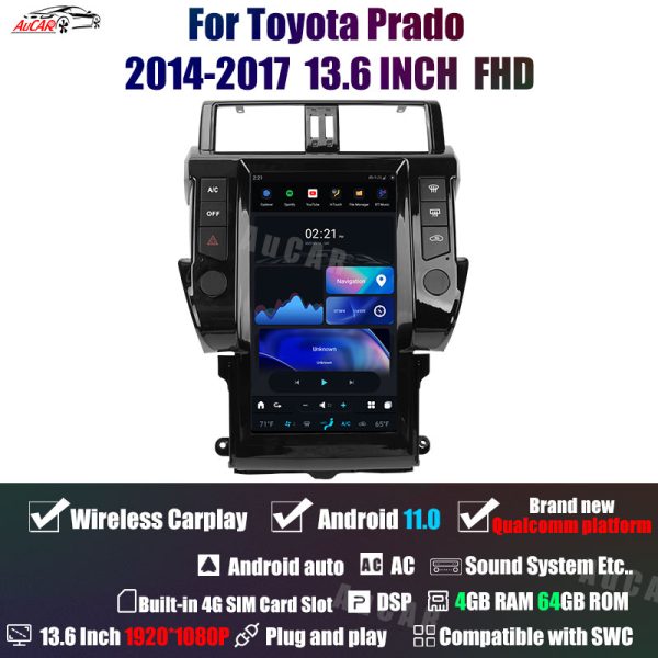 AuCar Tesla Android 11 13.6″ Car Radio GPS Navigation For Toyota Prado 2014-2017 Car Multimedia Stereo Player Car Video