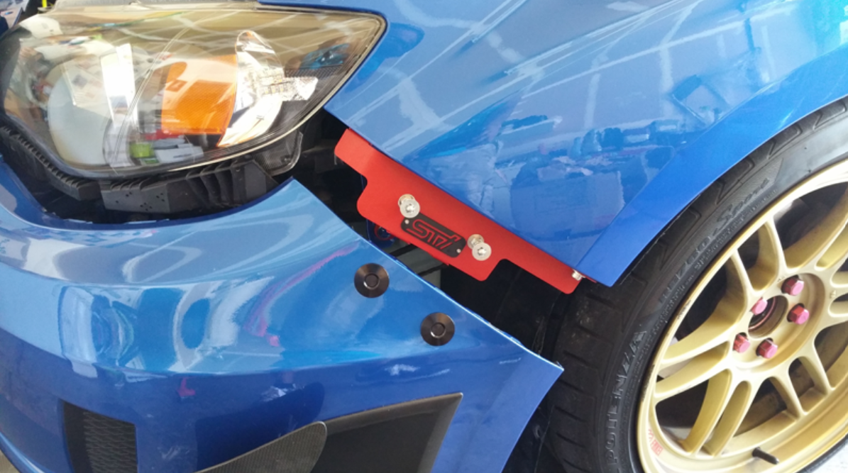 Move Over Racing 2008-14 Subaru STI Front Bumper Quick Release Kit – Red Crinkle Coat Brackets