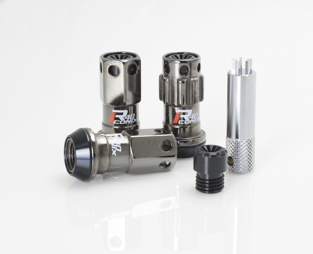 KICS R40 Iconix Black Chrome Locking Lug Nuts W/ Black Caps M12X1.25 - WRIF13CK - Subimods.com
