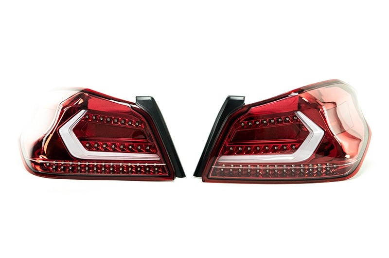 OLM Evolution Tail Lights - Clear Lens, Red Base, White Bar - 2015-2021 Subaru WRX / STI